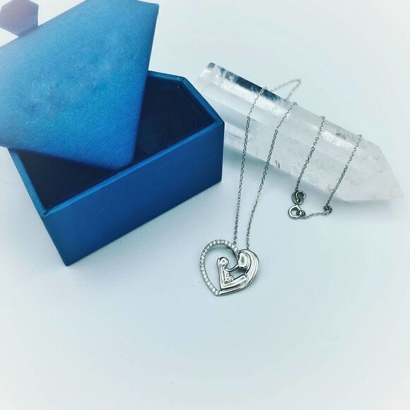 Sterling Silver Mother Child Heart Pendant Necklace - Picture 2 of 5